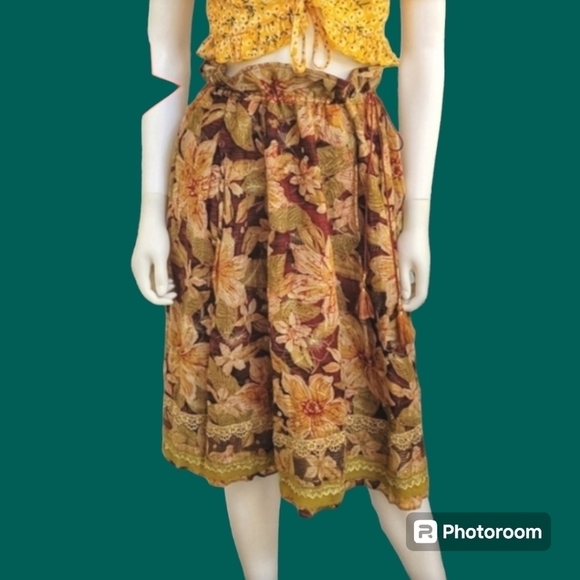 CYNTHIA STEFFE 1990s Floral Lace Paper Bag Tassel Boho Peasant Skirt - Picture 1 of 12